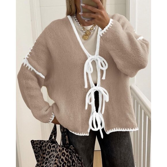 Women's Chunky Knit Tie Front Cardigan - Trendy Puff Sleeve Sweater Coat - Picture 3 of 6